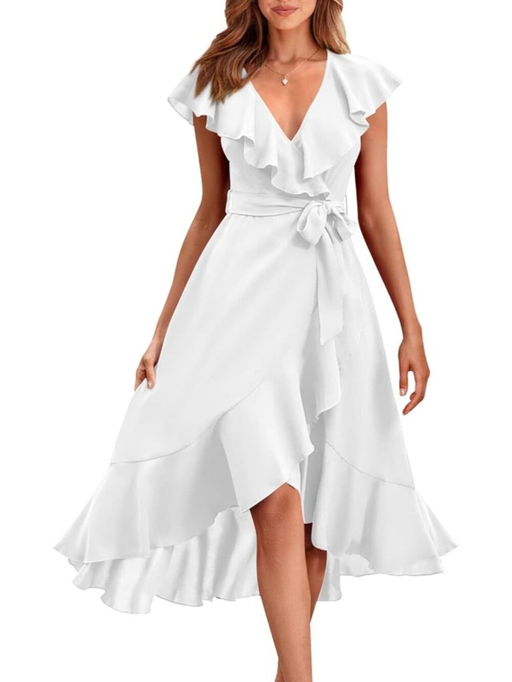 Women's White Summer Cross Midi Dress V Neck Short Sleeve Ruffle Hem Dress
